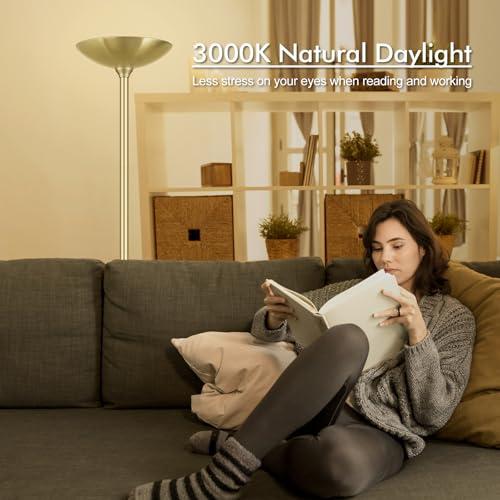 30W Torchiere Floor Lamp - 3600LM Super Bright LED Floor Lamp, 71 Inch Stepless Dimmable Standing Lamp with 3000K Lighting, Rotary Switch, Tall Metal Torch Floor lamps for Living Room/Bedroom (Gold)