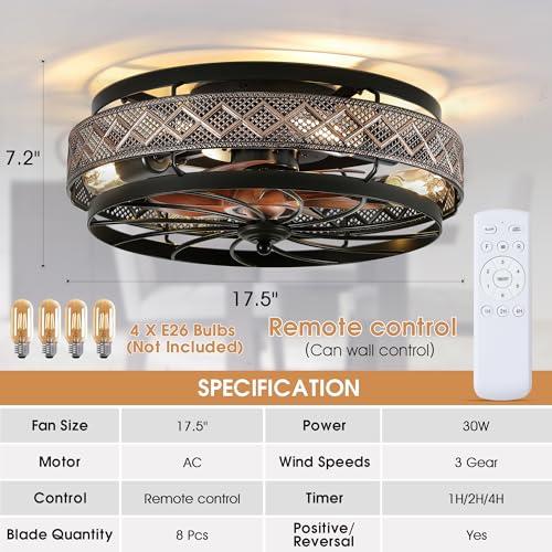 Low Profile Caged Ceiling Fans with Lights and Remote, Flush Mount Ceiling Fan with Light, Bedroom Fan, Small Industrial Black Ceiling Light Fixture, Reversible(Bulbs not Included)
