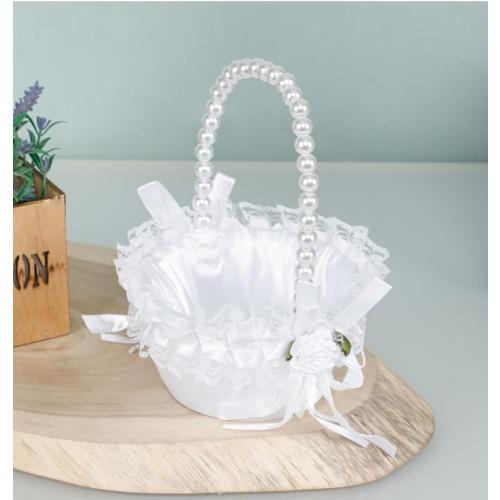 Wedding Flower Girl Basket with Pearl Handle,Satin Flower Storage Basket for Wedding Home Garden Decor (5835 Small, 1)