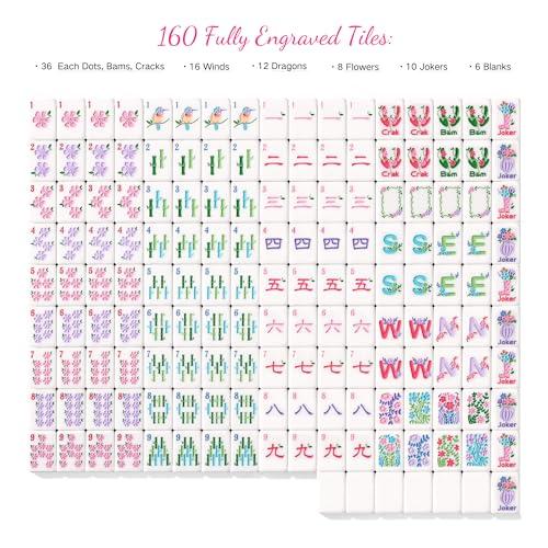 American Mahjong Tiles, Mahjong Travel Set, 160 Pink 4 Layer Mah Jong Game Tiles with Tile Bag, Gift-Ready Storage Box, 4 Dice with Pouch, Western Mah Jongg, Majong