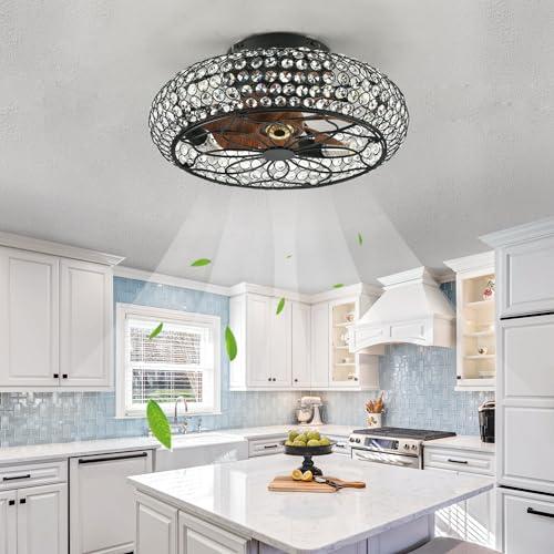 Caged Crystal Ceiling Fans with Lights and Remote,18.8 Flush Mount Low Profile Ceiling Fan with Light,6 Speed Enclosed Ceiling Fan with Reversible Motor for Bedroom Kitchen Living Room