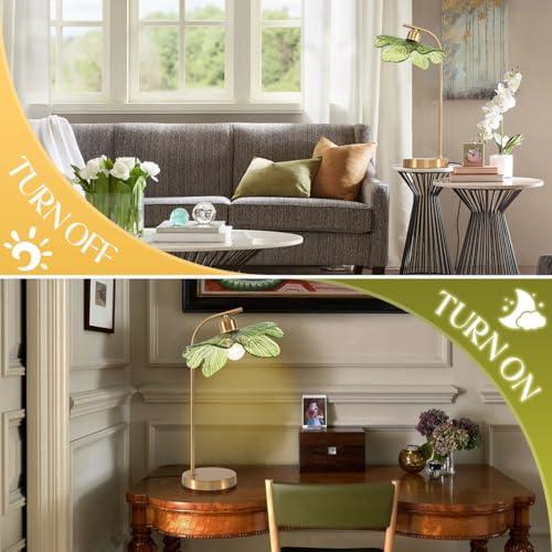 Glass Table Lamps Mid Century Modern Table lamp Gold Desk lamp tall table lamp nightstand lamp touch Table lamp with Green Flower Design Bedside Table Lamp for end table Bedroom Living Room Office