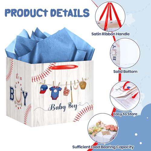 Frakron 12 Extra Large Baseball Baby Shower Gifts Bag with 3 Blue Tissue Paper Vintage Sports Theme Square Birthday Present Wrapping Bag for Boys Newborn Gender Reveal Party Decorations Supplies
