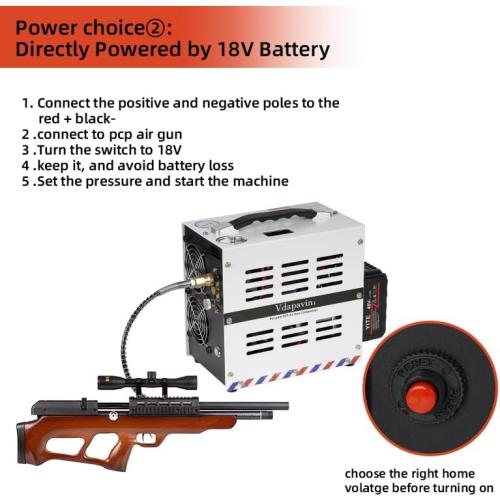 PCP Air Compressor, Auto Stop 4500Psi/30Mpa, No Oil/Water, Powered by Lithium Ion 18V Battery (Not Included) or Home 110V AC, Paintball, Air Rifle, Scuba Cylinder PCP Compressor