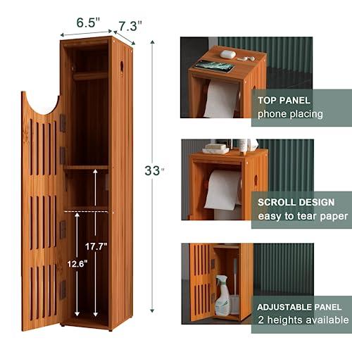 AmazerBath Bamboo Toilet Paper Holder with Storage, Bathroom Toilet Paper Storage Cabinet, Small Bathroom Storage Cabinet for Small Spaces, Slim Bathroom Storage Cabinet, 33x7.3x6.5 Inches, Brown