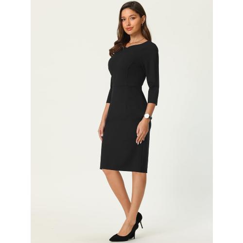 Size S...Women's 3/4 Sleeve Pencil Dress Boat Neck Elegant Wear to Work Midi Sheath Dresses