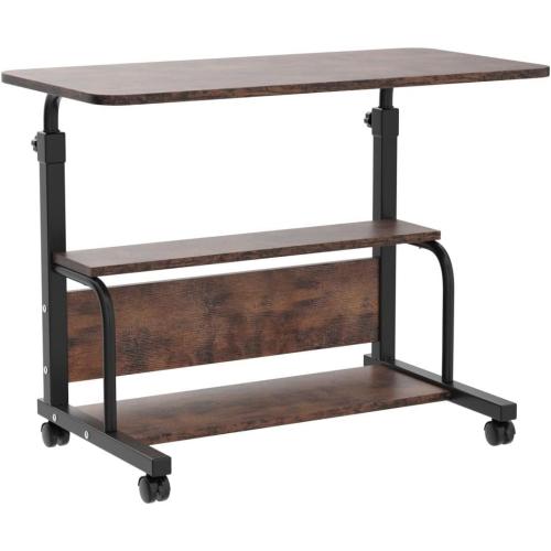 QZMDSM Portable Rolling Desk on Wheels Adjustable Height Desks for Small Spaces, 32 Computer Desk Drafting Tables with Storage Shelves for Home Office Rustic