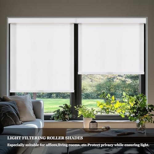 AOSKY Light Filtering Roller Shades Cordless Blinds for Windows, Free-Stop Shades with Valance, 99% Blackout, Thermal Insulated Fabric, UV Protection, Natural Woven Blinds（20 W x 72 H, White）