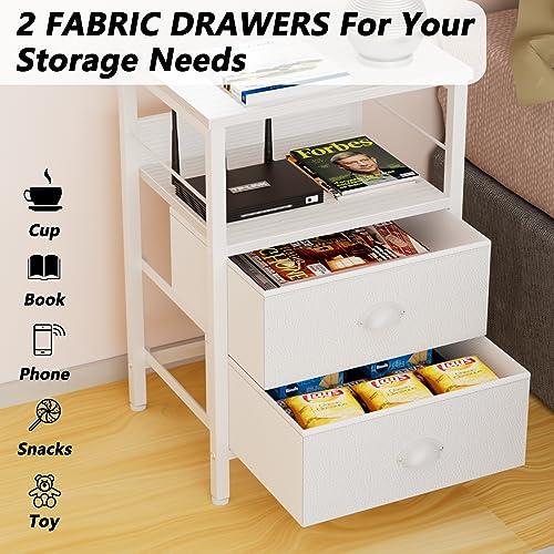 Furologee Nightstands Set 2, End Table with 2 Fabric Drawers, Bedside Table with 2 Hooks, Open Wood Shelf Side Sofa Table for Bedroom/Living Room/Hallway/White