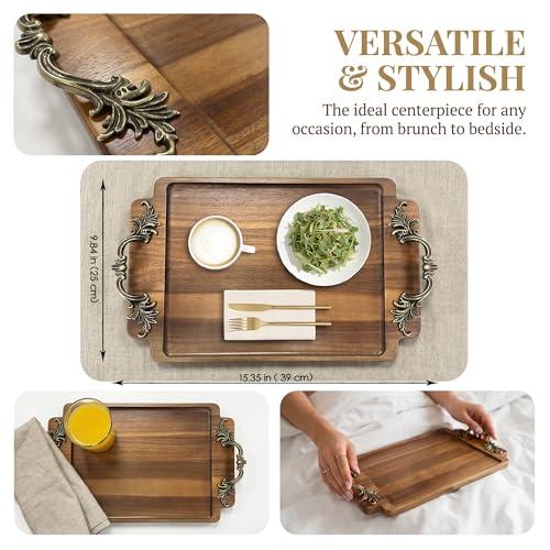 Vintage Coffee Table Decor Wooden Serving Tray, Home Decorative Wood Vanity Tray for Bathroom Kitchen Bedroom (15.3 L x 9.8 W)