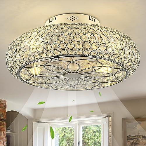 Caged Crystal Ceiling Fans with Lights and Remote,20 Flush Mount Low Profile Ceiling Fan with Light,6 Speed Enclosed Ceiling Fan with Reversible Motor for Bedroom Kitchen Living Room