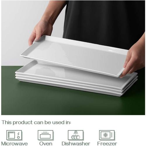 DOWAN 14.5 Rectangular Plates Set of 4 - Long Serving Trays for Sushi, Pasta, Chips, Appetizer, Cake - White Ceramic Rectangle Platter for Party, Restaurant, Banquet - Dishwasher & Oven Safe