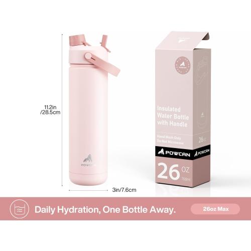 POWCAN 26 oz Insulated Water Bottle with 2-in-1 Straw and Spout Lid, Keep Cold 24H, Leak-Proof, Fits in Car Cup Holder, Stainless Steel Water Bottle for Sports, Travel, and School (Cotton Candy)