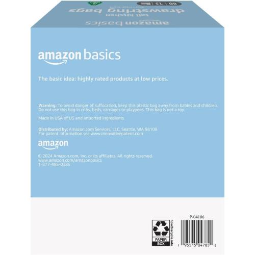 Amazon Basics 13 Gallon Tall Kitchen Drawstring Trash Bags, Clean Fresh Scent, 10% Post Consumer Recycled Material, 80 Count