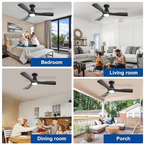Depuley 42-Inch Ceiling Fans with Lights: Black 3 Blade Flush Mount Low Profile Ceiling Fan for Bedroom - Dimmable Indoor Outdoor Fan with Remote Control Ultra Quiet DC Motor Timer