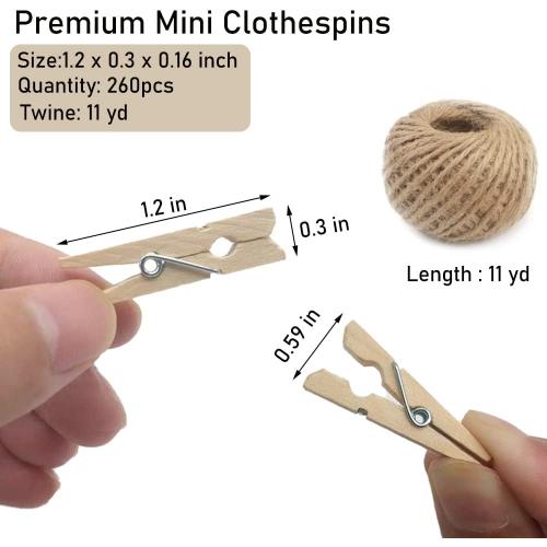 Mini Clothes Pins, 260 PCS Small Wooden Clothes Pin with Jute Twine, Clothespins, Clothes Pins for Photos Crafts DIY Project