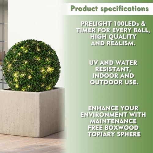 2 Pcs Lighted Topiary Ball Outdoor Pre-Lit Faux Boxwood Planter Filler Sphere, Artificial Topiary Ball， Decorative for Backyard, Balcony, Garden, Wedding Party, Home Office (15 * 15)