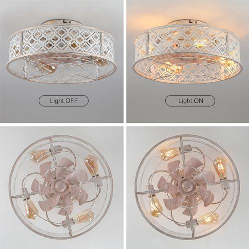 20 Caged Ceiling Fans with Lights Flush Mount Ceiling Fan with Remote,Small Black Low Profile Bladeless Ceiling Fan Light Fixture for Bedroom, Kitchen, Dining Room 4 Bulbs Included,6 Speeds