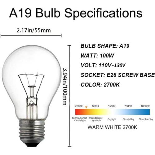 A19 Clear Incandescent Rough Service Light Bulb, 100 Watt Incandescent Light Bulbs, A19 100WATT Bulbs ， 2700K Soft White, E26 Medium Base, 110-130V (2 Pack)