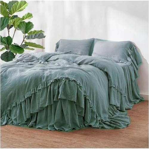 Linen Double Ruffle Duvet Cover Set, French Linen Bedding Set Shabby Chic Ruffled Duvet Cover with Extra Long Ruffles, Queen King Cal King 3 PCS Set (Grape, US King)