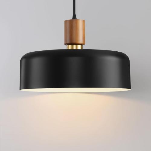 Eustace Large Black Pendant Light, 15.8 Oversized Ceiling Lamp with Oak Wood & Brass