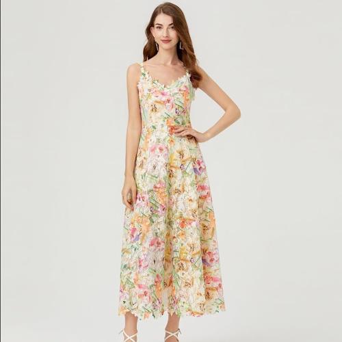 Size M Womens French Vintage Stereoscopic Floral Lace Dress V Neck Sleeveless Hollow Out Embroidery Midi Dresses