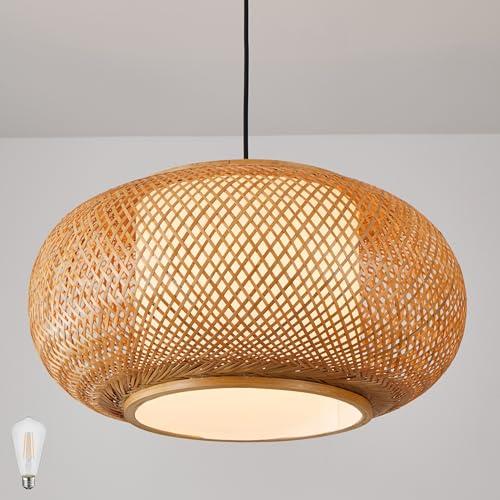 Bamboo Pendant Light Basket Weave Hanging Light, 1 Light Elegant Rattan Chandelier for Kitchen Island Nursery (23)