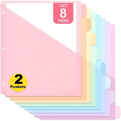 8 Count Dividers with Two Pockets - Binder Dividers for 3 Ring Binder Organizer,Binder Folders for US Letter Size for Study,Office and Home Organization (Pink,1set)