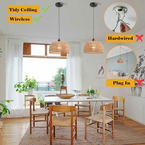Tan 2 Pack Battery Operated Pendant Light with Remote,Battery Hanging Light Rattan Woven Chandelier No Wiring Needed,Rechargeable Light Bulb 50 Hours Continue Use,Perfect for Kitchen Islands Ceiling Lighting