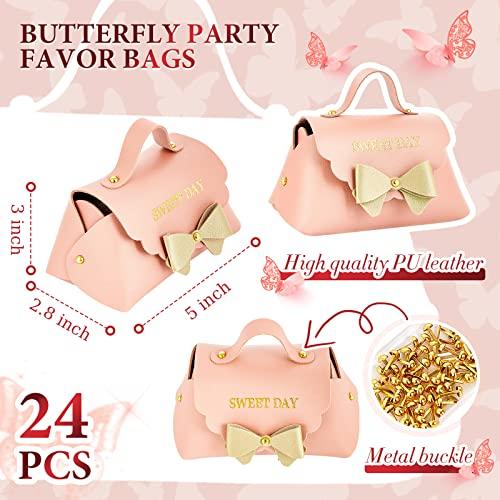 Dandat 24 Pcs PU Leather Bowknot Gift Boxes 5x3 Inch Reusable Candy Favor Bags with Handles, Elegant Mini Handbag Purse for Wedding, Birthday, Party Favors(Pink)
