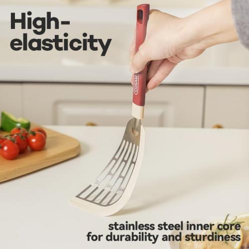 Silicone Fish Spatula Flexible Curved Edge Slotted Turner for Non-Stick Cookware Egg Pancake Flipper with Heat Resistant Nylon Handle