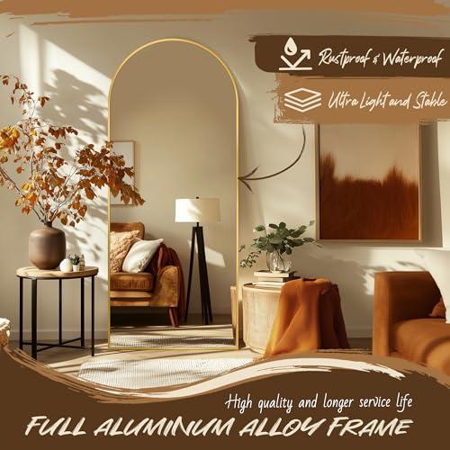 Full Length Mirror, 58x19 Floor Mirror, Arch Floor Standing Mirror Freestanding Arch Full Body with Stand for Bedroom, Hanging Mounted for Living Room Cloakroom, Gold