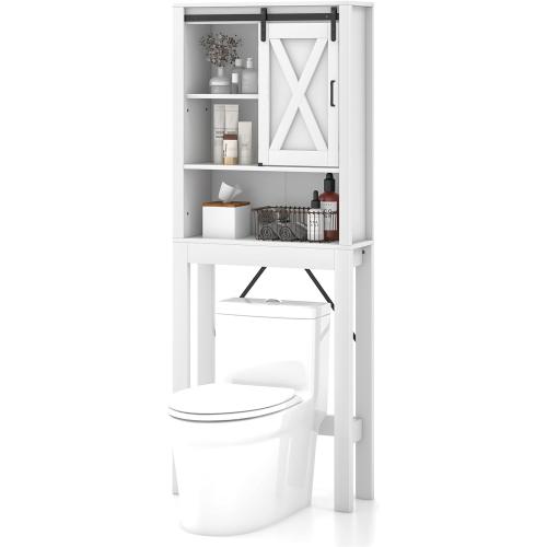 3-Tier Over The Toilet Storage Cabinet, Freestanding Bathroom Organizer Shelf with 3-Position Adjustable Shelves, Above Toilet Organizer with Sliding Barn Door, Space Saver, White