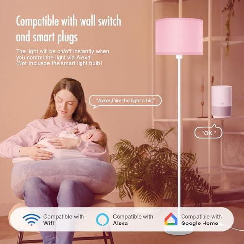 White and Pink Floor Lamp, Standing Lamp, Short Floor Lamps with Pink Lampshade, 59 Tall Lamps for Bedroom, Foot Switch, Simple Corner Pole Lamp for Kids Room, Girls Room, Living Rooms, Office(NO Bulb, E26 Base)