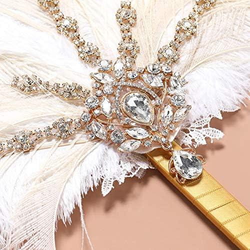 BABEYOND Vintage 1920s Bridal Feather Bouquet Crystal Bridesmaid Bouquet 20s Gatsby Wedding Bouquet (Beige)