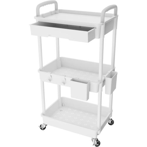 White 3 Tier Rolling Utility Cart with Drawer,REBECAT Utility Cart Made of Multifunctional Storage Organizer Tool for Kitchen,Bathroom,Living Room,Office(White)