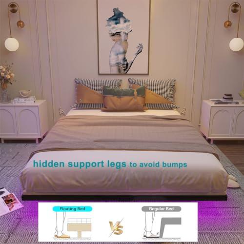 Floating Bed Frame King Size with Charging Station and LED Lights, Metal Platform Bed Frame, No Box Spring Needed, Easy Assembly, (King)