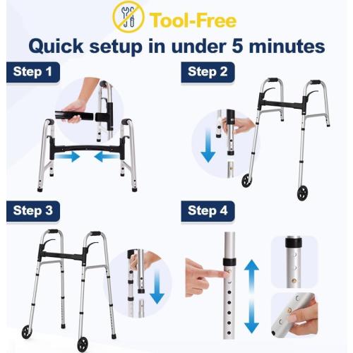 Folding Walkers for Seniors with 2 Skis and 5 Wheels, Lightweight Adult Rolling Walker, Supports Up to 350 Pounds, Adjustable Height, Aluminum Standard Walker, Silver