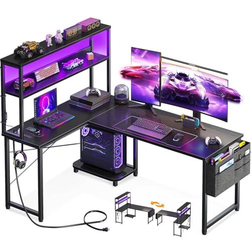 Black 18.9D x 53W x 29.8H. AODK L Shaped Desk Gaming Desk with LED Light & Power Outlet, 53 Inch Reversible L Shaped Computer Table with Shelf & Storage Bag & Hook for Home Office, Black