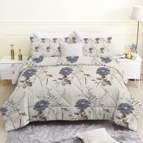 Beige Plant Comforter Full Size, Lightweight Gray Blue Floral Comforters Queen Size for All Season, Soft Microfiber Bedding Set 3 Pieces - 1 Reversible Comforter Duvet Insert   2 Pillowcases