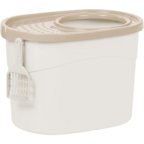 Iris Ohyama, Cat Litter Box, Closed cat Toilet House, Ventilation Opening, Plastic (PP) BPA-Free, Scoop, L52 x W37.5 x H36.5 cm, TECL-20, White/Beige