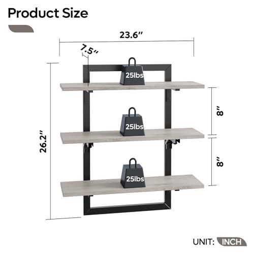 Size 24 Color Grey Bestier Floating Shelves for Wall, 24 inch Kitchen Shelves Wall Mounted, 3 Tier Coffee Bar Shelf with Foldable Brackets, Industrial Display Shelf for Bathroom, Living Room, Retro Grey