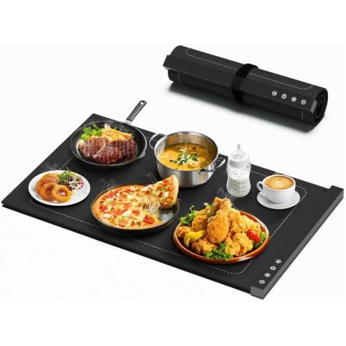 Warming Mat for Food - Full Surface Rapid Heating, Rollable & Portable Food Warmer with 6 Temperature Settings and 1-4 hours Adjustable Timer, Silicone Heating Mat for Party Buffet (Black)