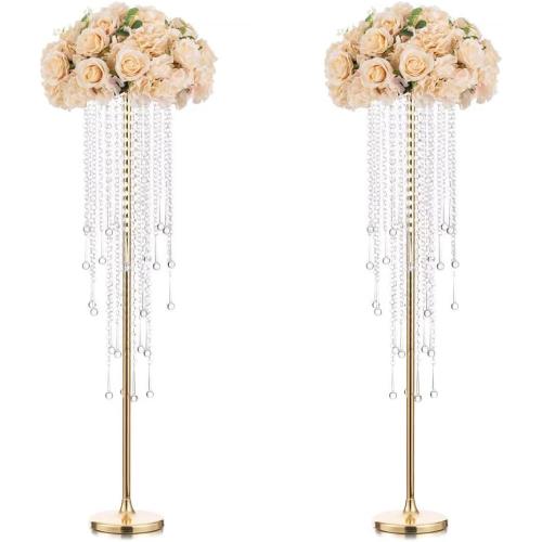 Tall Vases Wedding Centerpieces for Tables - 39.4 Gold Flower Vase with Chandelier Crystal, Centerpiece Table Decorations, Metal Flower Stand for Wedding, Reception, Party, Events, Home Décor, 2 Pcs