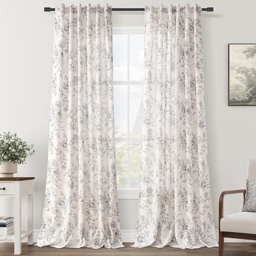 Printed Linen Curtains - 92 inch Length, 2 Panels, Rustic Farmhouse Black Floral Curtains with Cotton Textured Vintage Flower Leaf Pattern, Light Filtering for Living Room