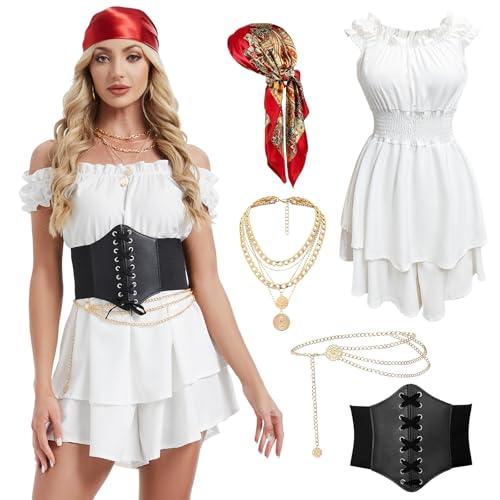 GYQMBT 5PCS Women 2XL Pirate Costume,Renaissance Romper Style Dress with Pirate Bandana Corset Accessories for Halloween Cosplay.