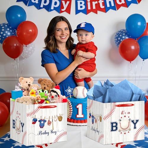 Frakron 12 Extra Large Baseball Baby Shower Gifts Bag with 3 Blue Tissue Paper Vintage Sports Theme Square Birthday Present Wrapping Bag for Boys Newborn Gender Reveal Party Decorations Supplies