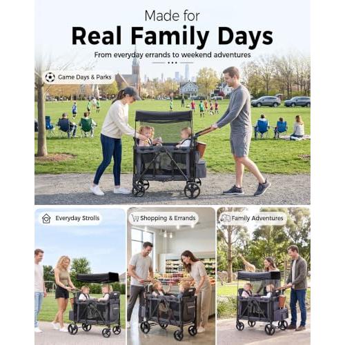 Stroller Wagon for 2 Kids, Foldable 2 Seater Wagon Stroller with Raised Seats, 5-Point Harnesses, Adjustable UPF 50  Canopy, Front Zip Door, All-Terrain Wheels, Insulated Snack Bag, Gray