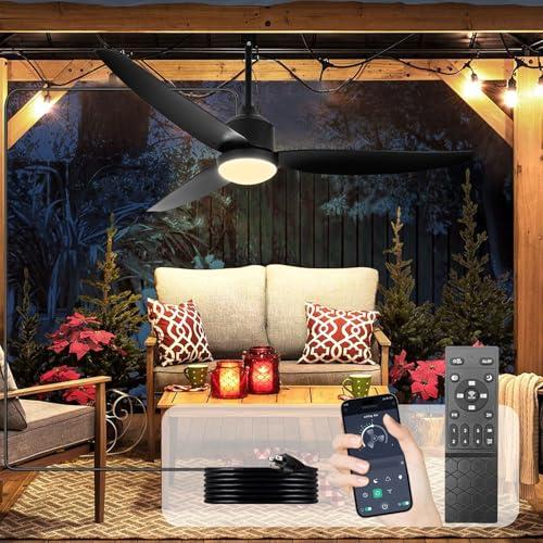 Depuley Outdoor Ceiling Fan with Light: 52 Inch Gazebo Fan Outdoor Hanging - Plug in Ceiling Fan for Patio Waterproof - Dimmable Ceiling Fan Remote App Control Black