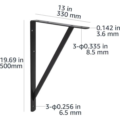 Amazon Basics 10 Pack L20 x H 13 Black Heavy Duty Shelf Brackets with Screws, Metal Shelf Brackets, Strong Steel